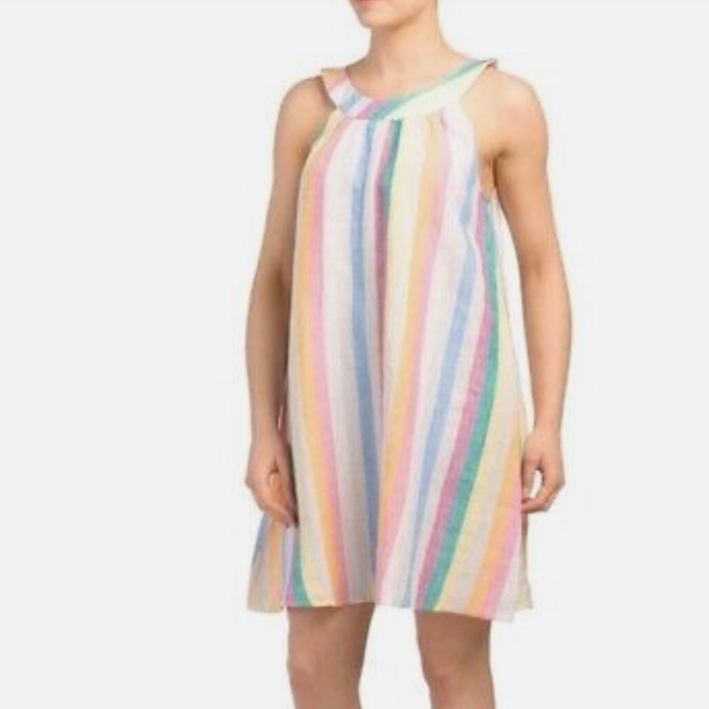 C&C California Striped High Neck Sleeveless Linen A-Line Dress Rainbow Small